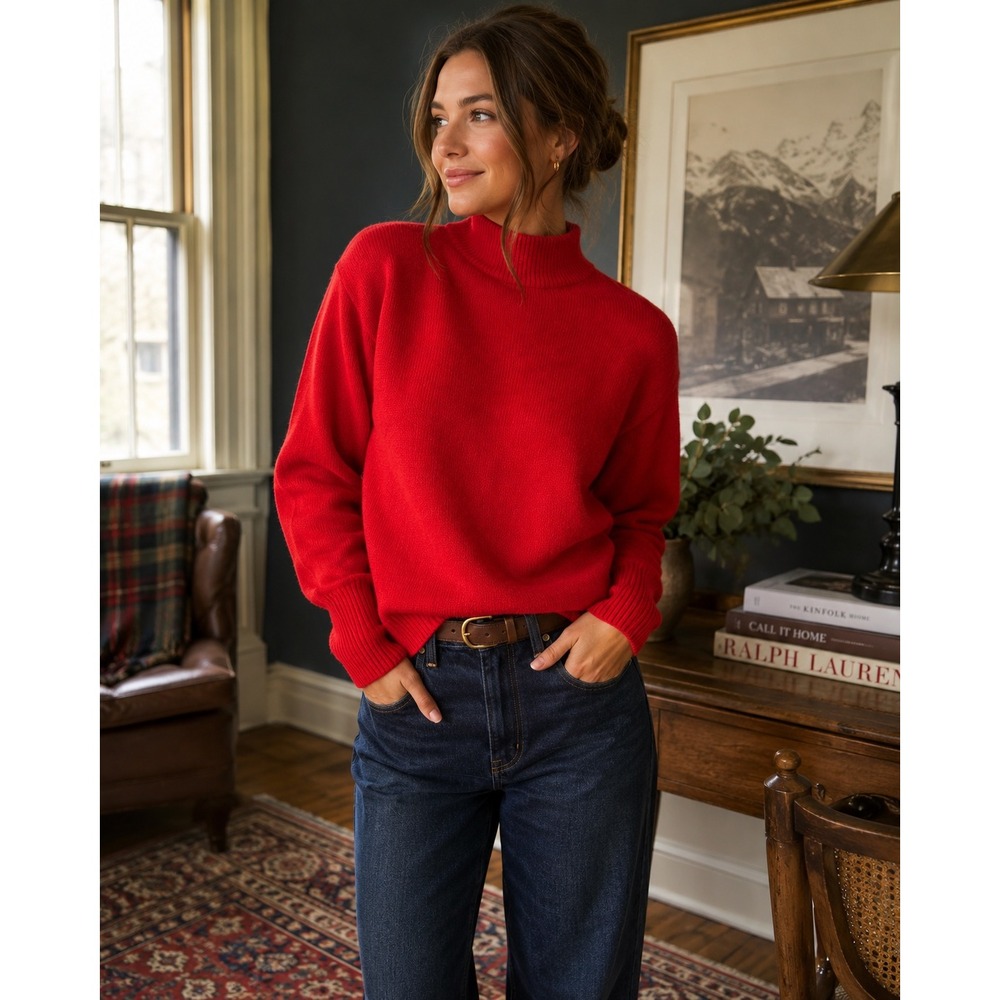 Vintage Red Lambswool Angora Mock Neck Sweater Après Ski Preppy Chic Luxe Sz M
